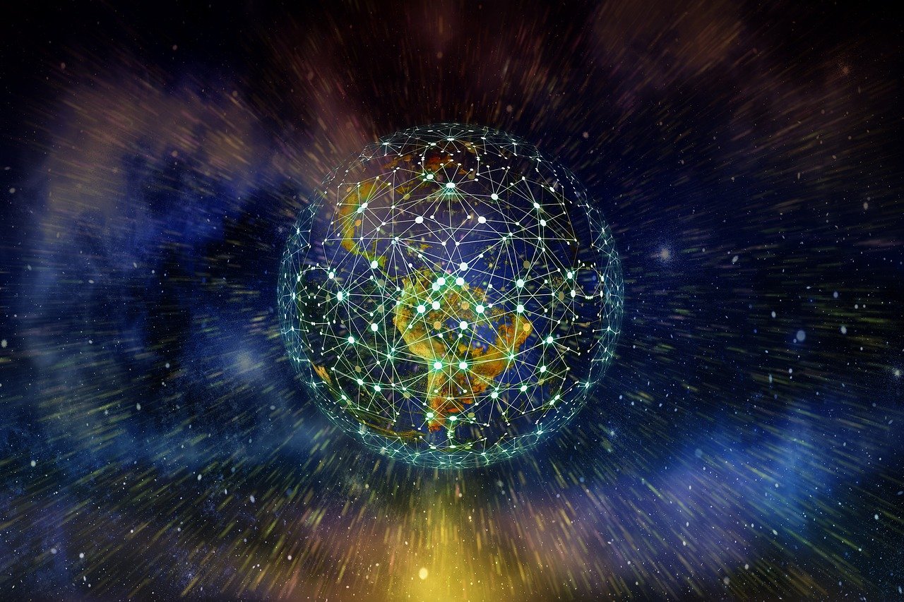 Picture of earth covered in a digital web representing virtual world